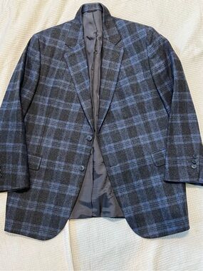 Hand made bespoke Men's Blue and Black Plaid Wool Blazer